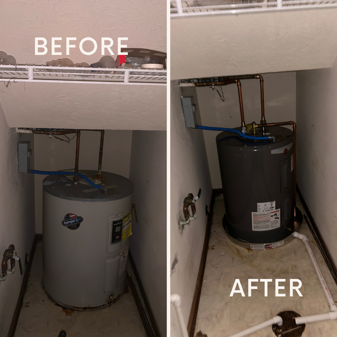 An old water heater and the new one that replaced it
